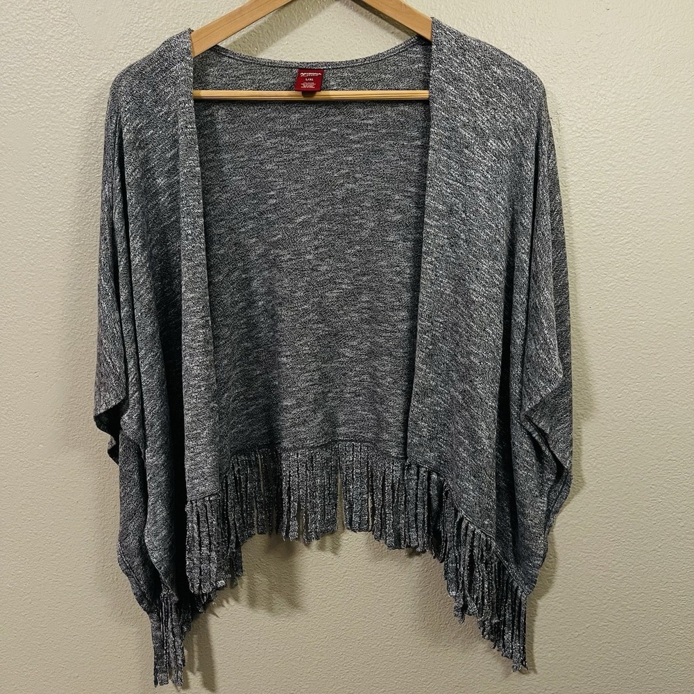 Arizona Oversized Open Fringe Cardigan Cropped Gray Cottage Boho Western Sz L XL